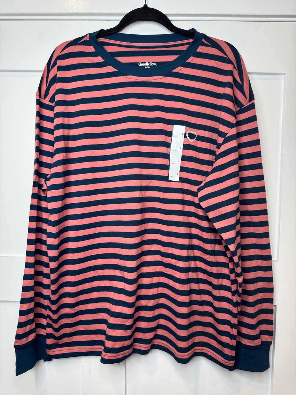 NWT Mens large Goodfellow & Co coral and Navy Striped Long-Sleeve Pocket Tee
